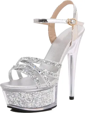 Women's 14cm Bling Sandals - Glitter Sequin Black Wedding Classics