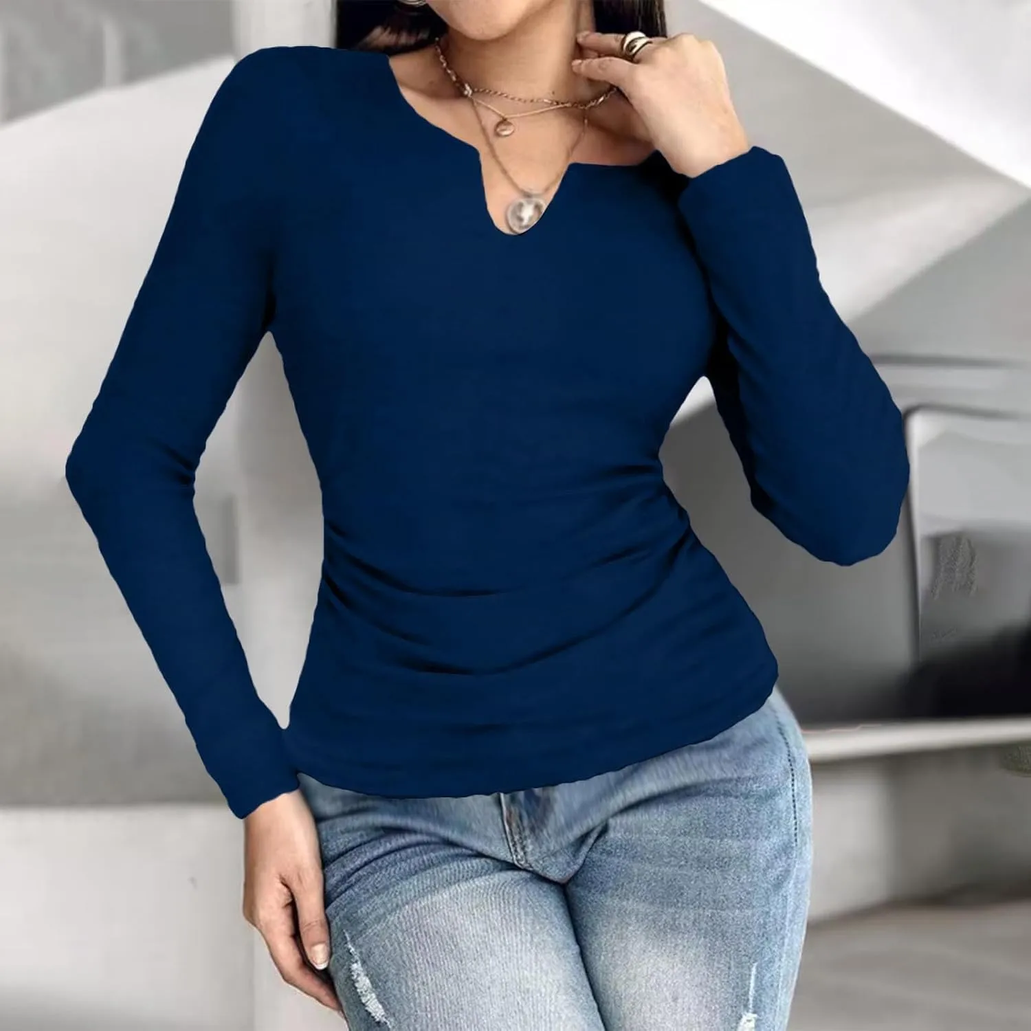Women's 2025 Spring Long Sleeve T Shirts with Built in Bras Long Sleeve v Neck Tight Tops Casual Basic Tunic Blouse