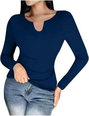 Women's 2025 Spring Long Sleeve T Shirts with Built in Bras Long Sleeve v Neck Tight Tops Casual Basic Tunic Blouse