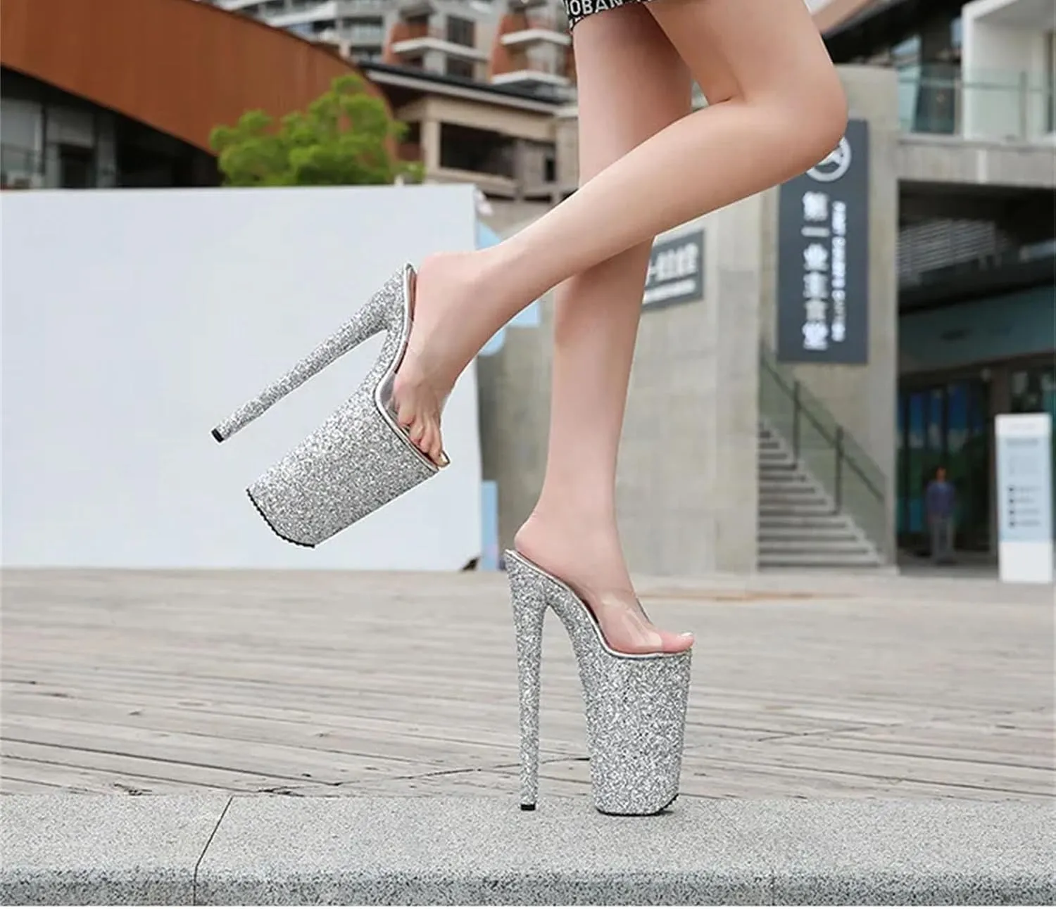 Women's 26cm/10 PU Sandals - Shiny Crystal Ultra High Stripper Platforms