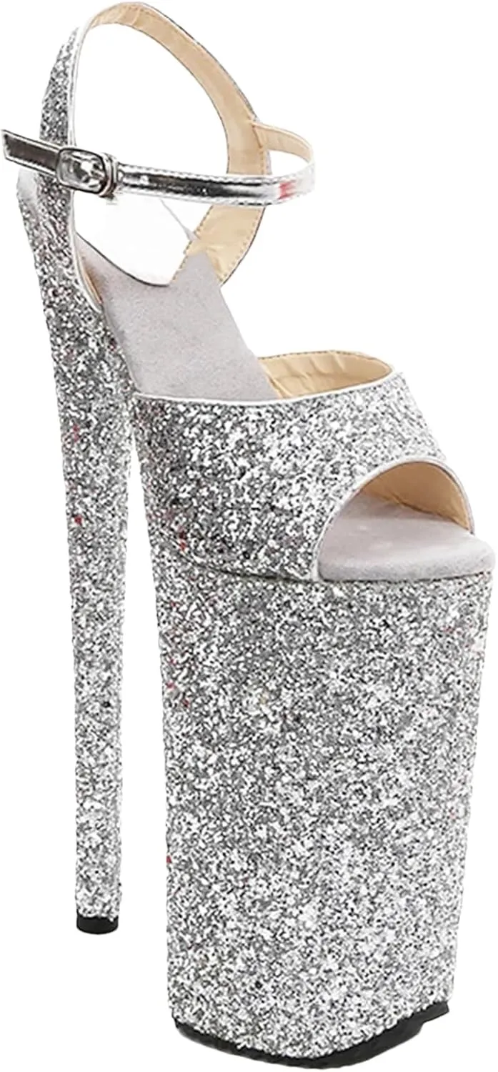 Women's 26cm/10 PU Sandals - Shiny Crystal Ultra High Stripper Platforms