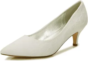 Women's Bridal Shoes Closed Toe 2.36" Kitten Heel Lace Satin Pumps Evening Prom Wedding Dress Shoes