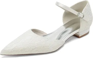 Womens Closed Pointed Toe Low Heels Flat Bridal Shoes for Wedding Lace Dress Shoes for Bride Low Block Heel Flats Pumps Bridesmaids