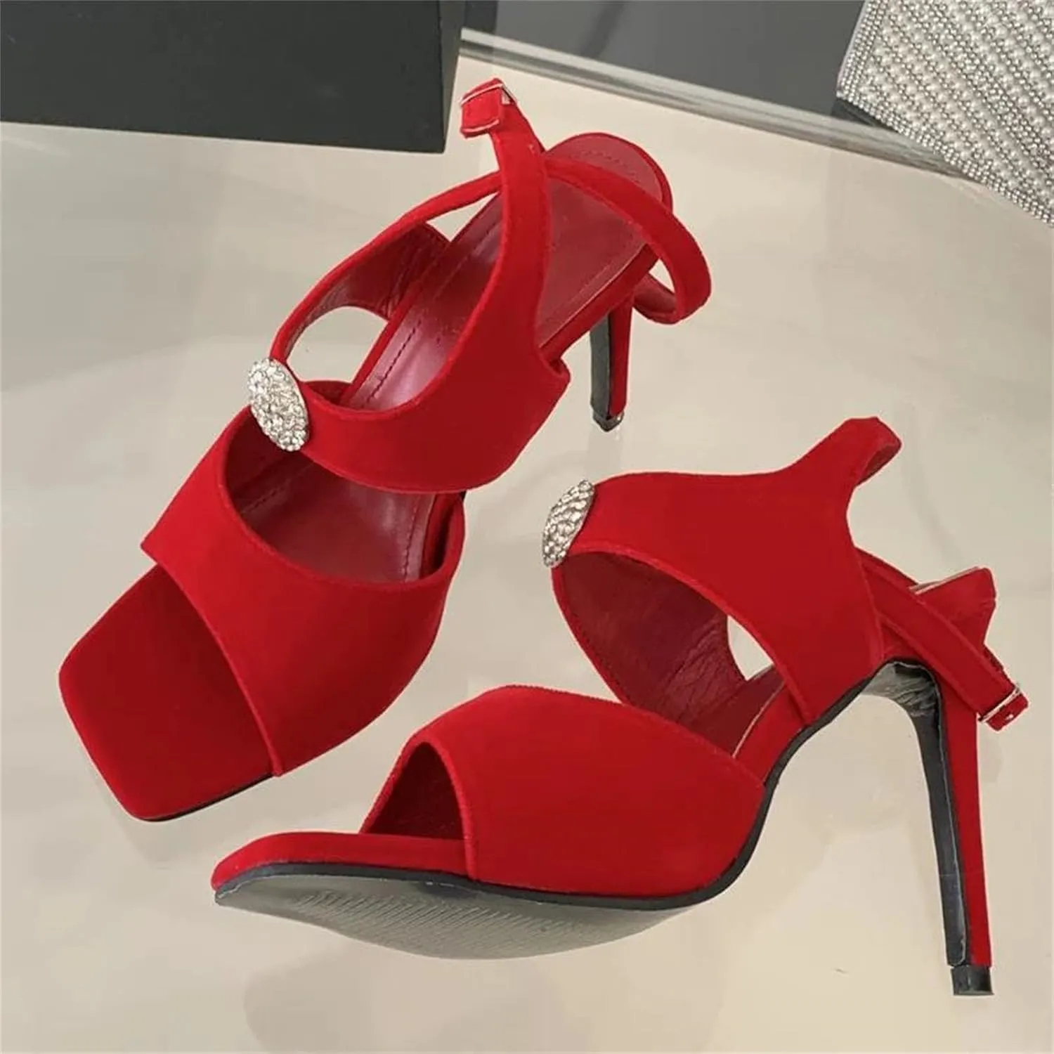 Women's Crystal Buckle Sandals - Peep Toe Wedding Party Stilettos