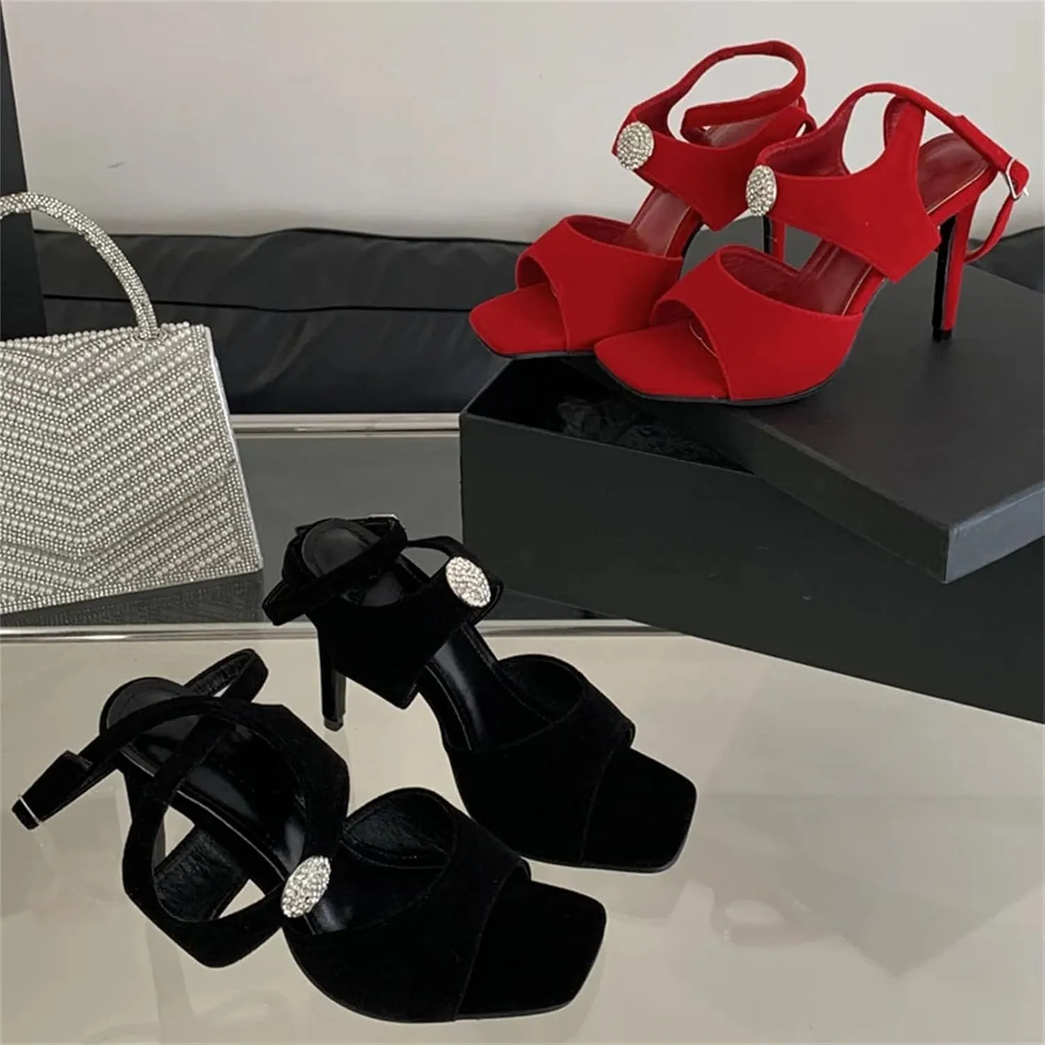 Women's Crystal Buckle Sandals - Peep Toe Wedding Party Stilettos