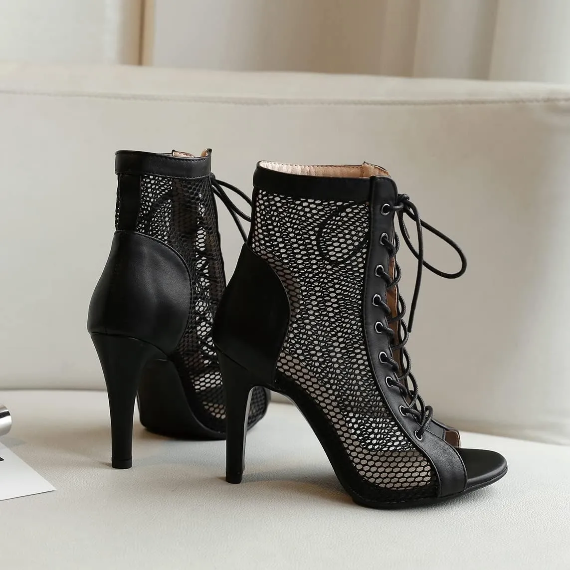 Women's Dance Heels Fashion Summer Peep Toe Ankle Boots Lace Up Pumps Party Shoes Ladies Stiletto Sandals Dancing Shoes