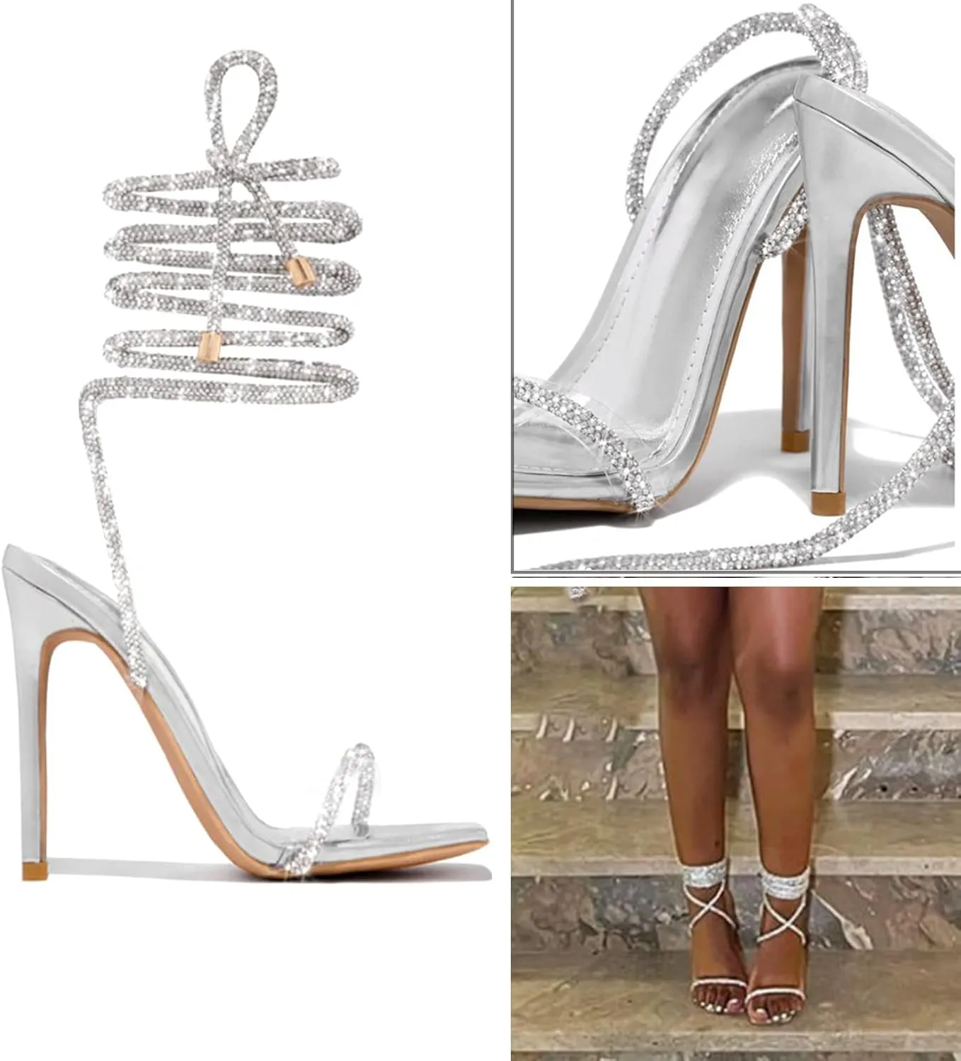 Women's Diamond Styles Lace Up Glitter Shine Ankle Strappy Heels for Women Sparkly Sandals