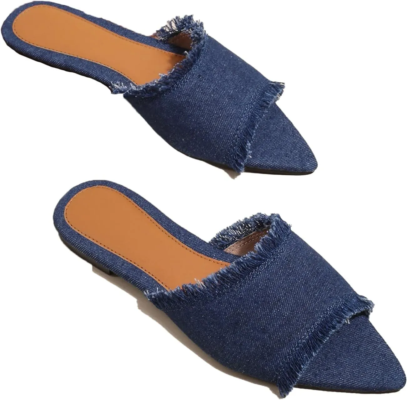 Women's Fashion Denim Cloth Flat Slides Sandals Summer Fish Mouth Open Toe Tassel Comfort Soft Slip On Outdoor Slipper Walking Beach Casual Sandals
