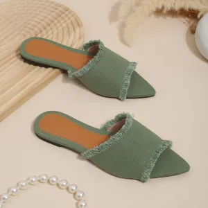 Women's Fashion Denim Cloth Flat Slides Sandals Summer Fish Mouth Open Toe Tassel Comfort Soft Slip On Outdoor Slipper Walking Beach Casual Sandals