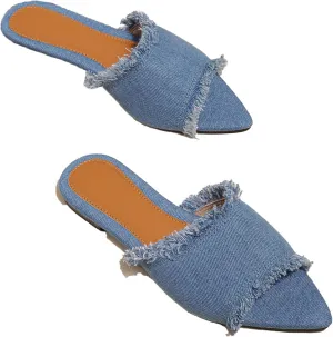 Women's Fashion Denim Cloth Flat Slides Sandals Summer Fish Mouth Open Toe Tassel Comfort Soft Slip On Outdoor Slipper Walking Beach Casual Sandals