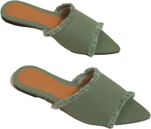 Women's Fashion Denim Cloth Flat Slides Sandals Summer Fish Mouth Open Toe Tassel Comfort Soft Slip On Outdoor Slipper Walking Beach Casual Sandals