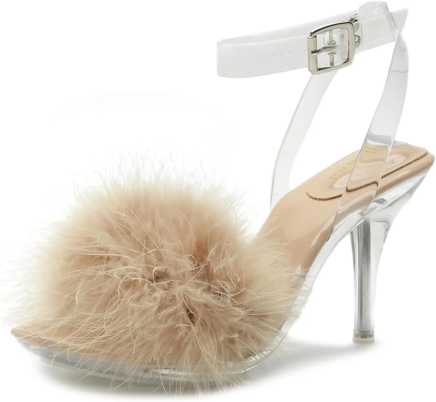 Women's Fuzzy Clear Heels Ankle StrapStilettos Heels Mules Sandals Fluffy Feather Slip On High Heeled Party Prom Dresses Shoes