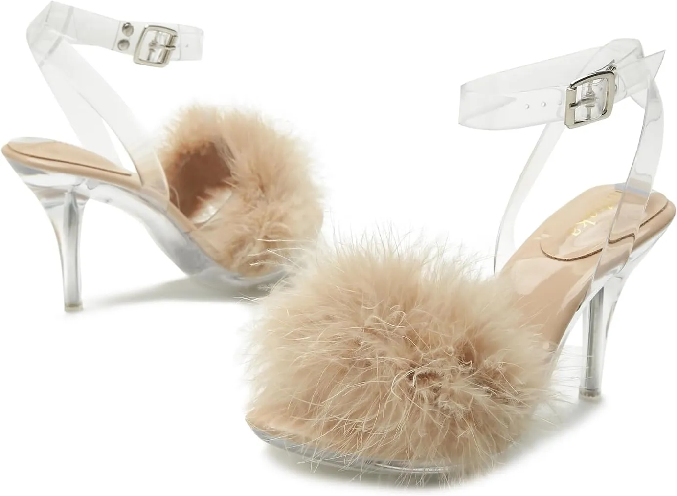 Women's Fuzzy Clear Heels Ankle StrapStilettos Heels Mules Sandals Fluffy Feather Slip On High Heeled Party Prom Dresses Shoes