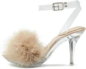 Women's Fuzzy Clear Heels Ankle StrapStilettos Heels Mules Sandals Fluffy Feather Slip On High Heeled Party Prom Dresses Shoes