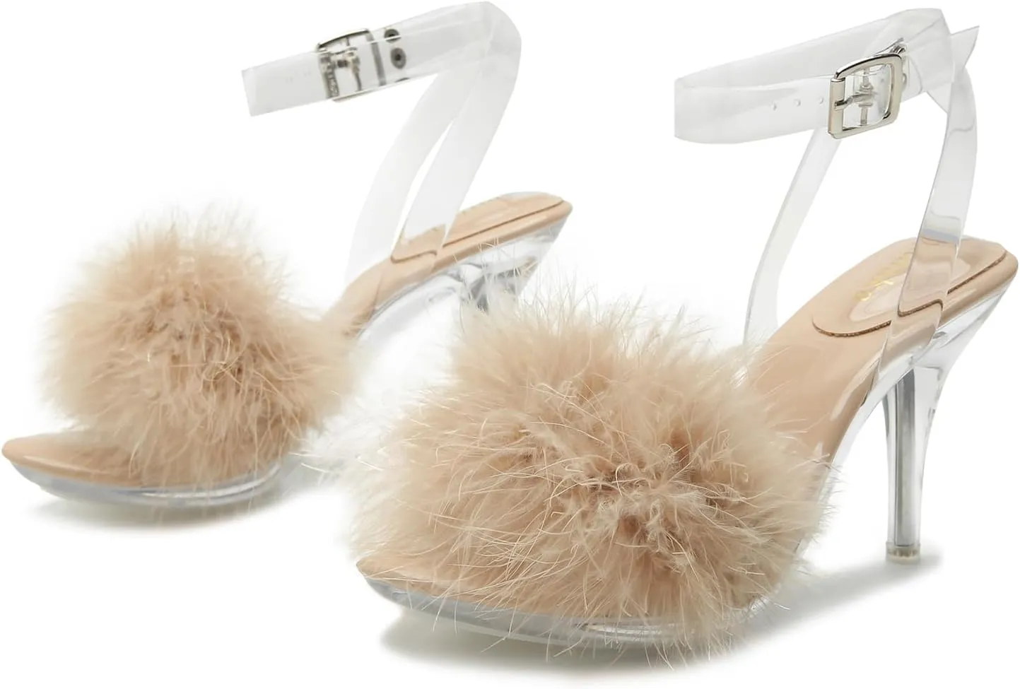 Women's Fuzzy Clear Heels Ankle StrapStilettos Heels Mules Sandals Fluffy Feather Slip On High Heeled Party Prom Dresses Shoes