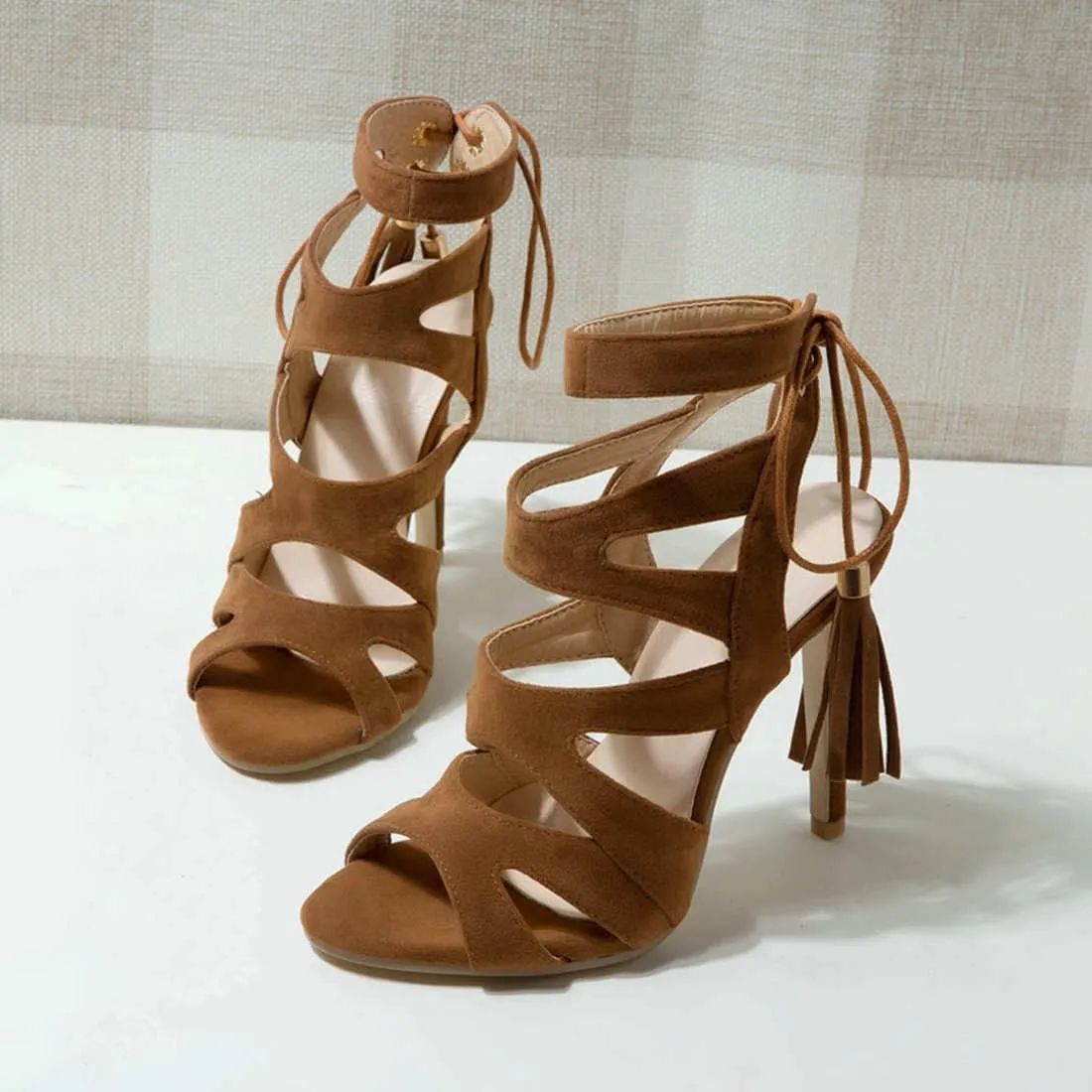 Women's Gladiator Lace Up Sandals Peep-toe Strappy Hollow Out Stiletto High Heels