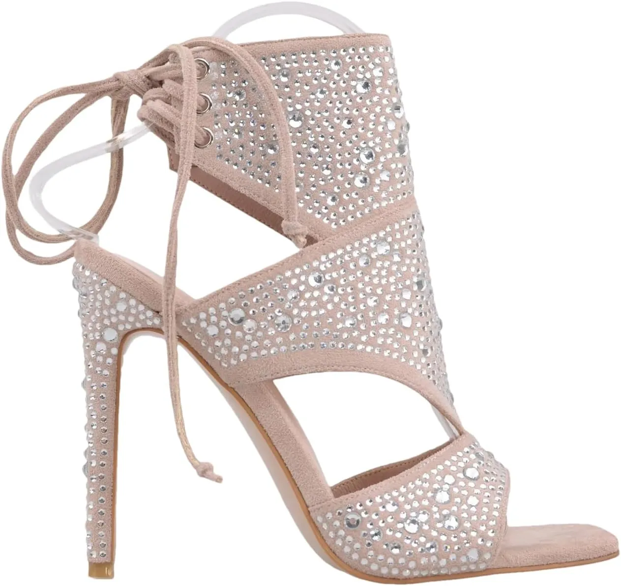Women's Gold Peep Toe Sandals - Rhinestone Lace Up Biker Booties