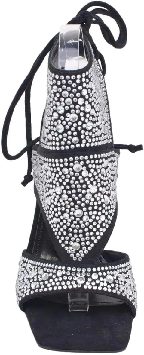 Women's Gold Peep Toe Sandals - Rhinestone Lace Up Biker Booties