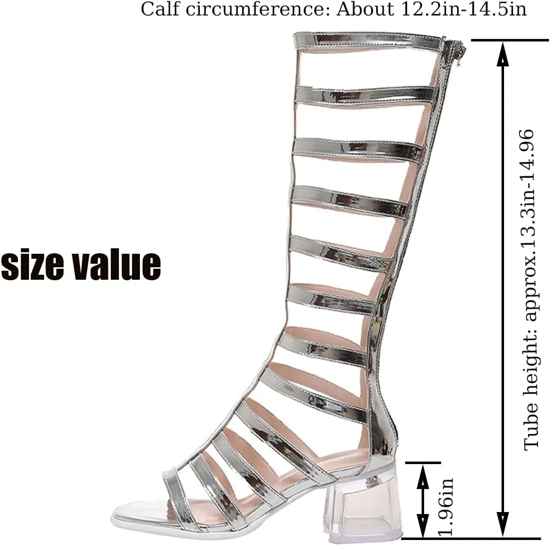Women's High Barrel Open Toe Knee Gladiator Sandals,Fashion Transparent Thick Heel Thin Belt Combination Cool Boots Back Zipper Roman High Heeled Sandals