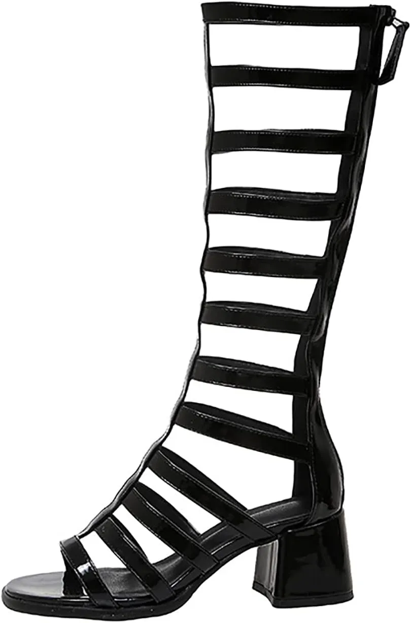 Women's High Barrel Open Toe Knee Gladiator Sandals,Fashion Transparent Thick Heel Thin Belt Combination Cool Boots Back Zipper Roman High Heeled Sandals