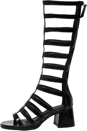 Women's High Barrel Open Toe Knee Gladiator Sandals,Fashion Transparent Thick Heel Thin Belt Combination Cool Boots Back Zipper Roman High Heeled Sandals