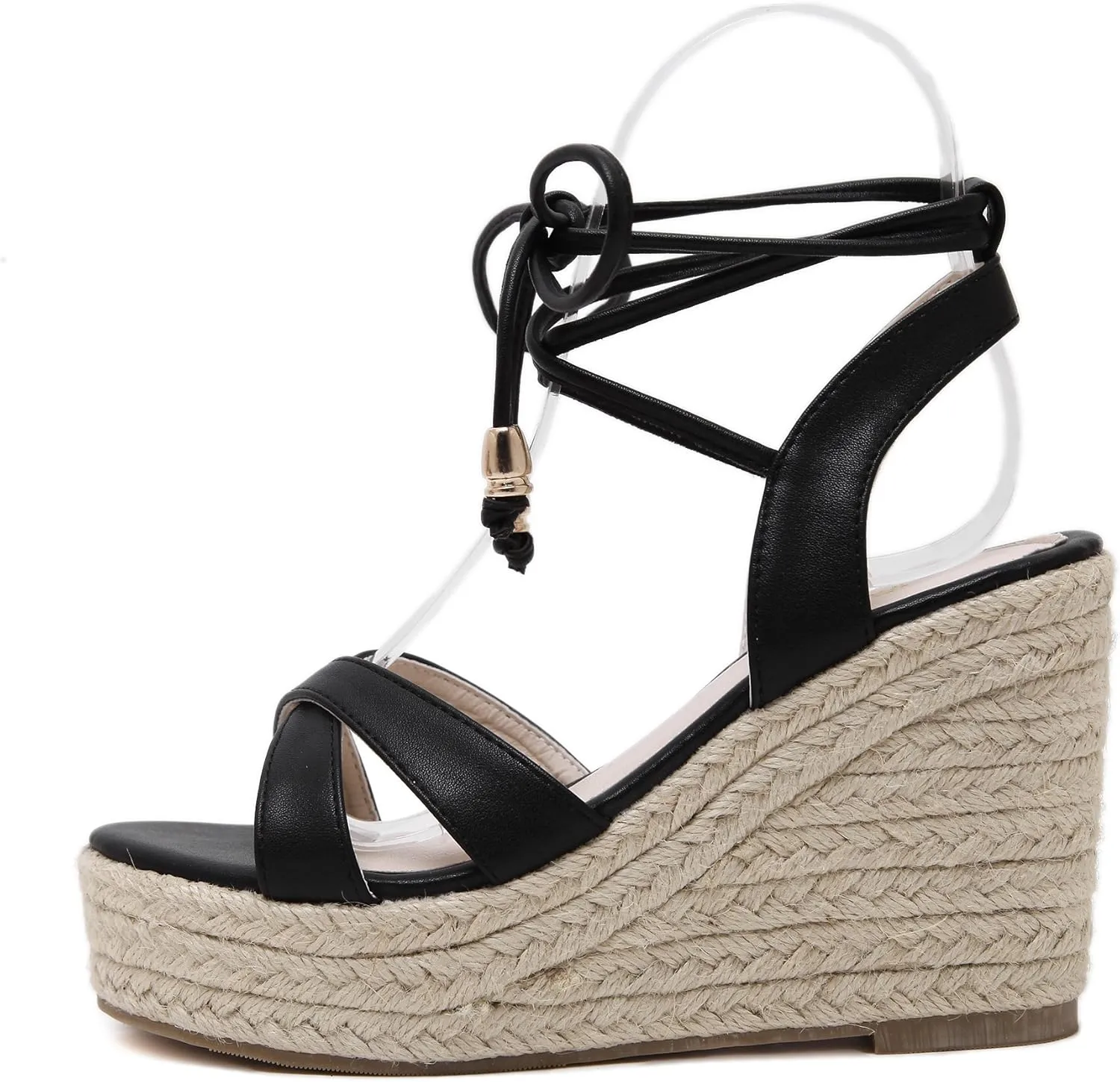 Womens Jute-rope Middle Wedge Heel Summer Shoes Flip Sandals Lace Up