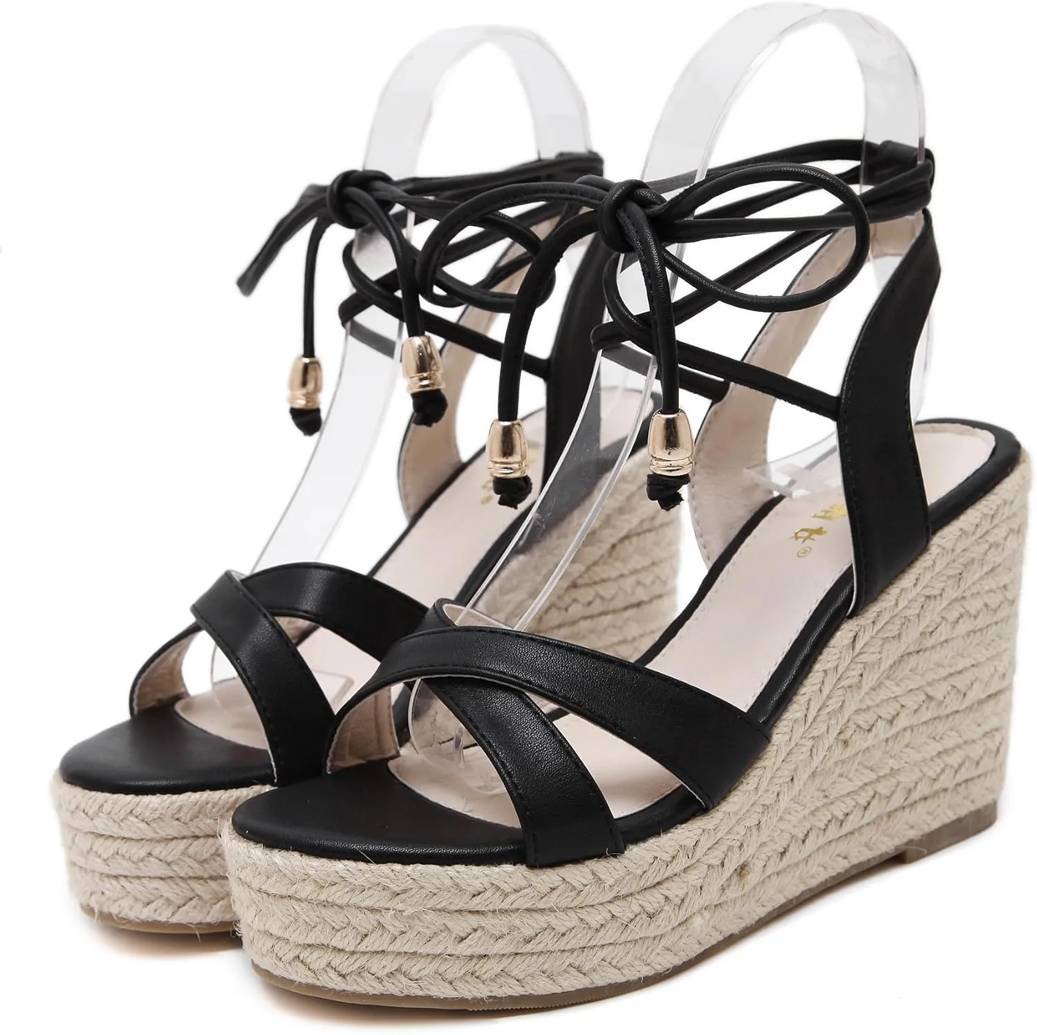 Womens Jute-rope Middle Wedge Heel Summer Shoes Flip Sandals Lace Up