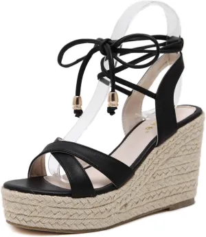 Womens Jute-rope Middle Wedge Heel Summer Shoes Flip Sandals Lace Up