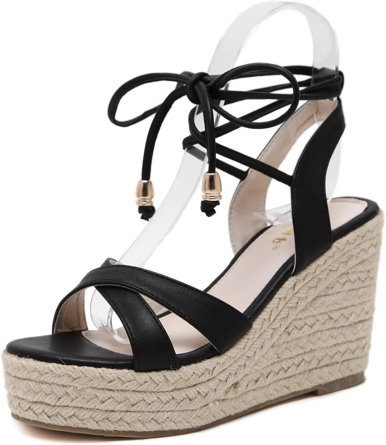 Womens Jute-rope Middle Wedge Heel Summer Shoes Flip Sandals Lace Up