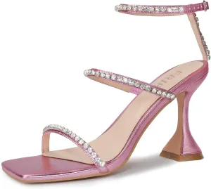 Women's Kitten Heel Rhinestone Sandals Lace Up Slingback Square Open Toe Heels Sparkling Sandals with Stiletto Buckle Strap for Dress Party Prom Wedding High Heeled Shoes