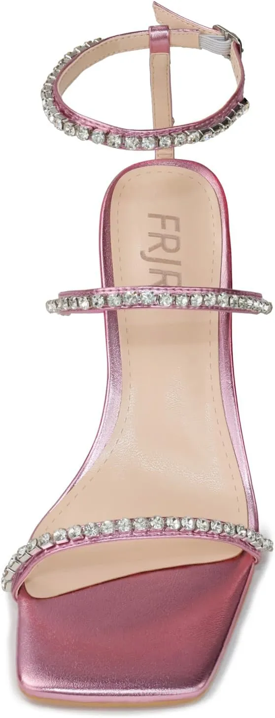 Women's Kitten Heel Rhinestone Sandals Lace Up Slingback Square Open Toe Heels Sparkling Sandals with Stiletto Buckle Strap for Dress Party Prom Wedding High Heeled Shoes