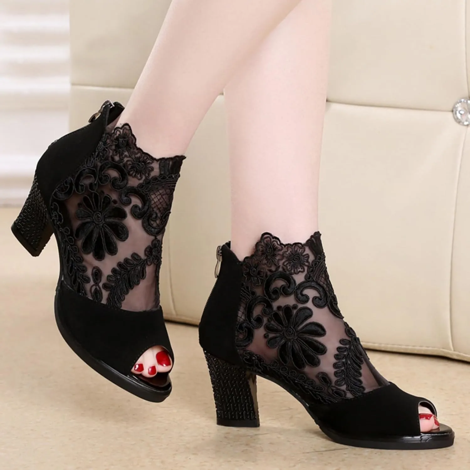 Women's Lace Flowers Open Toe Chunky High Heel Sandals Back Zipper Cutout Breathable Non-Slip Block Heel Short Ankle Bootie Fashion Wedding Party Dress Shoes