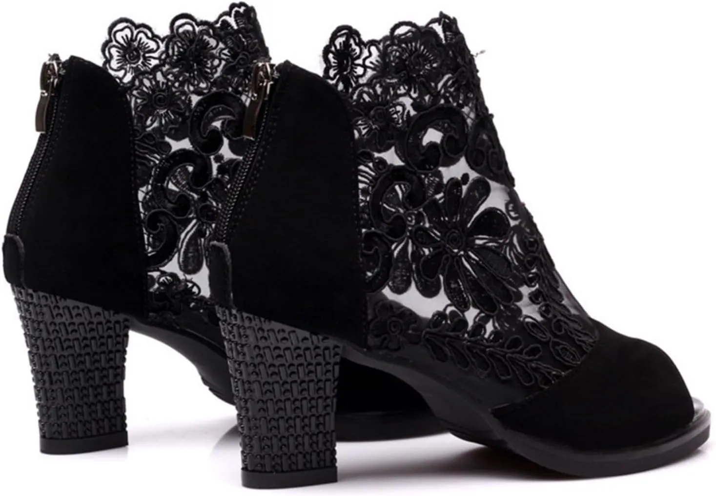 Women's Lace Flowers Open Toe Chunky High Heel Sandals Back Zipper Cutout Breathable Non-Slip Block Heel Short Ankle Bootie Fashion Wedding Party Dress Shoes