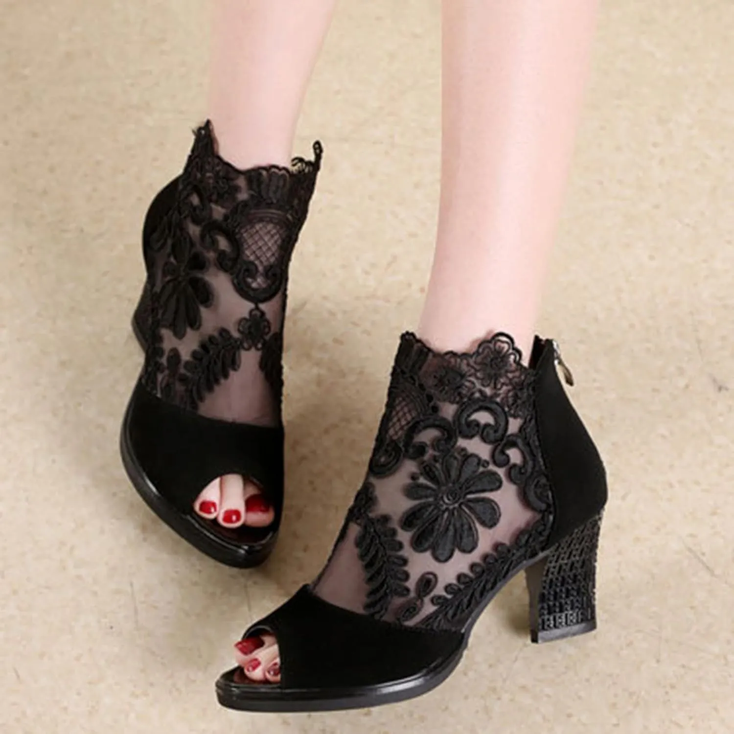 Women's Lace Flowers Open Toe Chunky High Heel Sandals Back Zipper Cutout Breathable Non-Slip Block Heel Short Ankle Bootie Fashion Wedding Party Dress Shoes