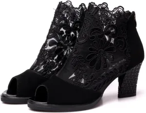 Women's Lace Flowers Open Toe Chunky High Heel Sandals Back Zipper Cutout Breathable Non-Slip Block Heel Short Ankle Bootie Fashion Wedding Party Dress Shoes