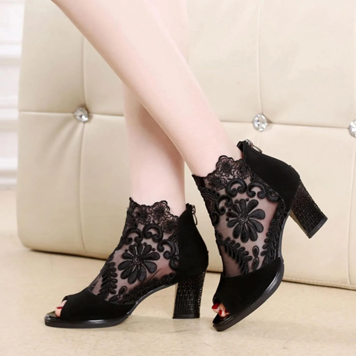 Women's Lace Flowers Open Toe Chunky High Heel Sandals Back Zipper Cutout Breathable Non-Slip Block Heel Short Ankle Bootie Fashion Wedding Party Dress Shoes