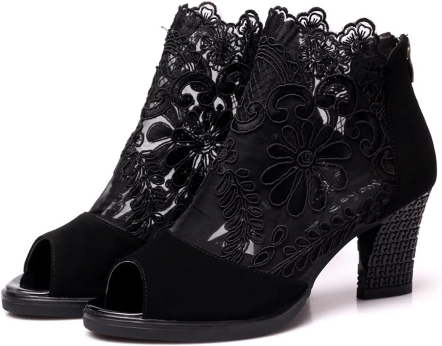 Women's Lace Flowers Open Toe Chunky High Heel Sandals Back Zipper Cutout Breathable Non-Slip Block Heel Short Ankle Bootie Fashion Wedding Party Dress Shoes