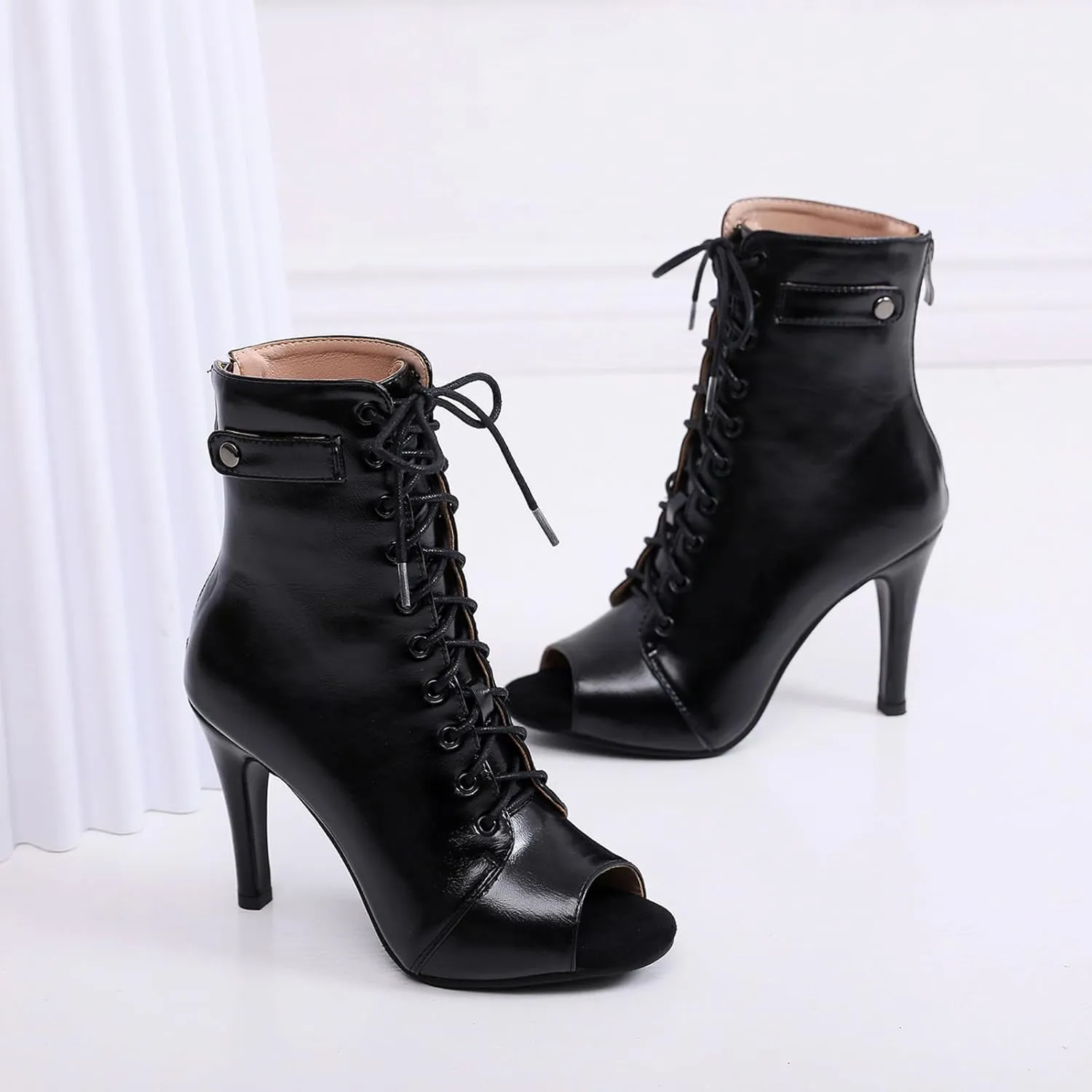 Women'S Leather Lace Up Stiletto Peep Toe Sandals Summer Sexy Fish Mouth Back Zipper High Heels Gladiator Sandals Booties For Parties Prom Dress Pumps