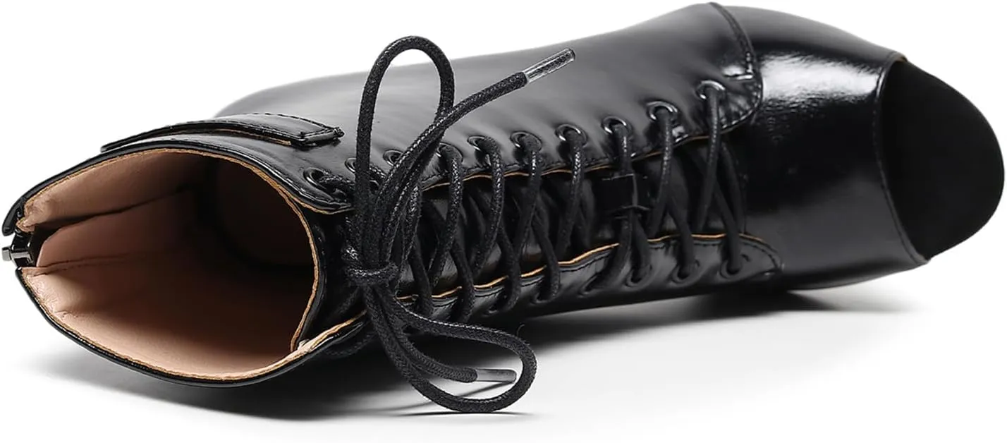 Women'S Leather Lace Up Stiletto Peep Toe Sandals Summer Sexy Fish Mouth Back Zipper High Heels Gladiator Sandals Booties For Parties Prom Dress Pumps