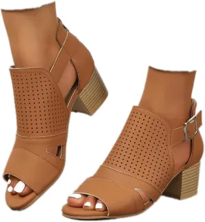 Women's Low Ankle Heel Bootie Cut Out Slip On Low Heel Short Chunky Stacked Heel Perforated Western Booties Cutout Shoes