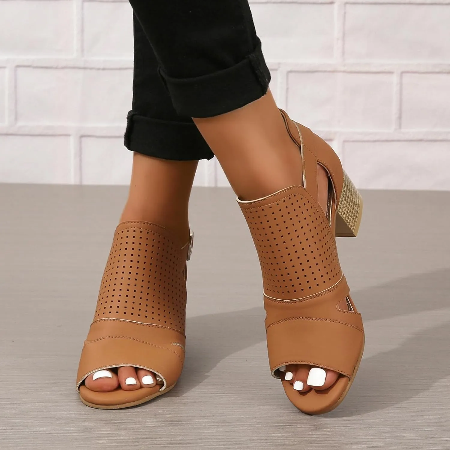 Women's Low Ankle Heel Bootie Cut Out Slip On Low Heel Short Chunky Stacked Heel Perforated Western Booties Cutout Shoes