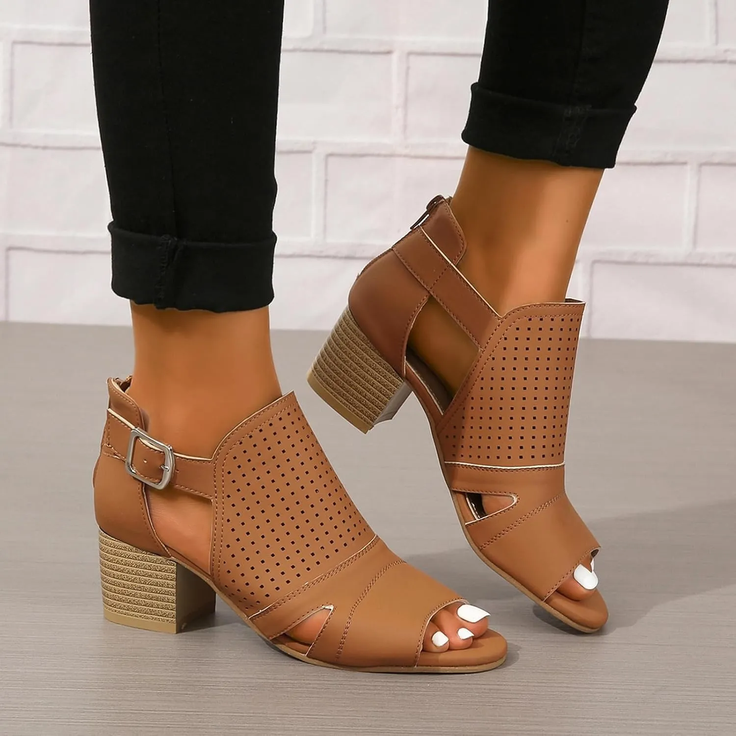 Women's Low Ankle Heel Bootie Cut Out Slip On Low Heel Short Chunky Stacked Heel Perforated Western Booties Cutout Shoes