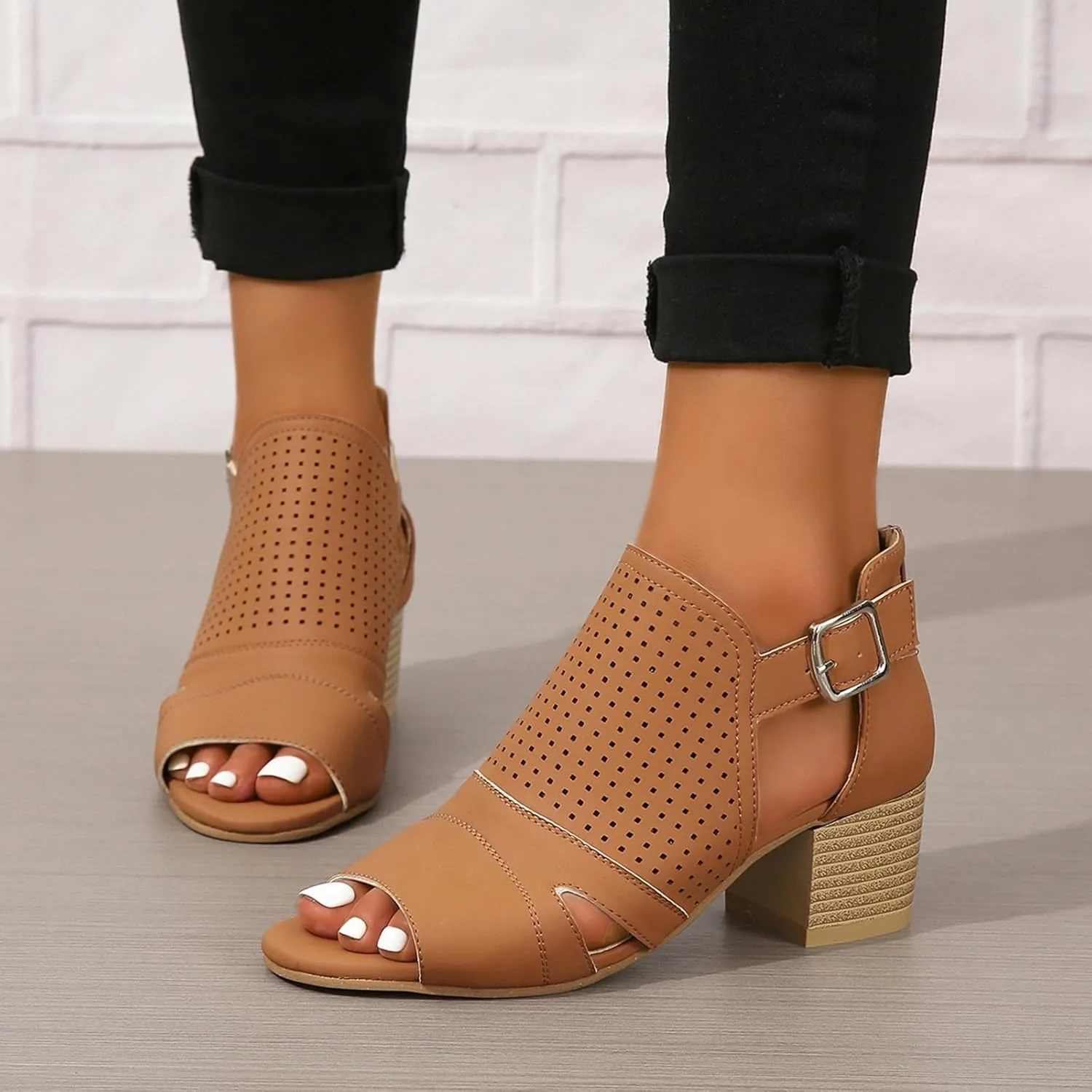 Women's Low Ankle Heel Bootie Cut Out Slip On Low Heel Short Chunky Stacked Heel Perforated Western Booties Cutout Shoes