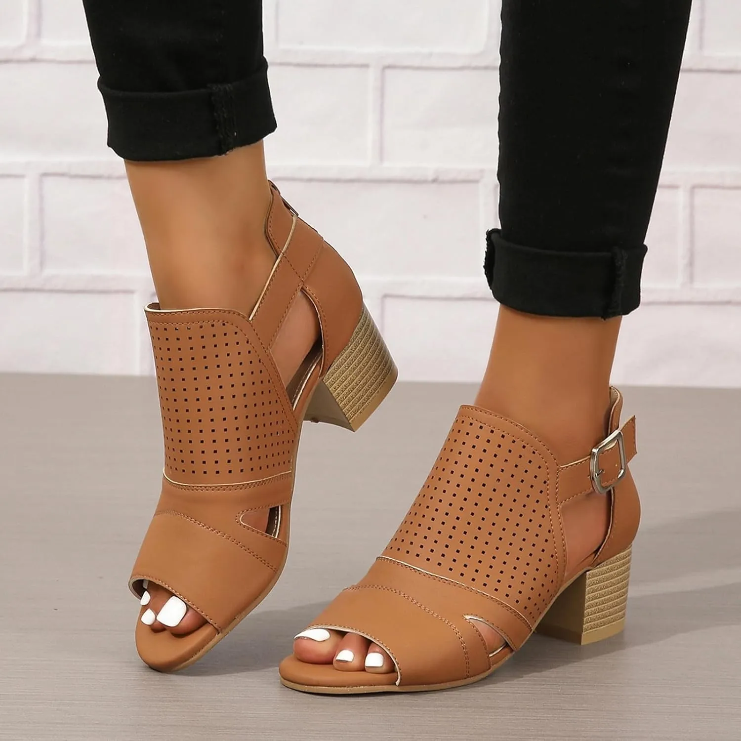 Women's Low Ankle Heel Bootie Cut Out Slip On Low Heel Short Chunky Stacked Heel Perforated Western Booties Cutout Shoes