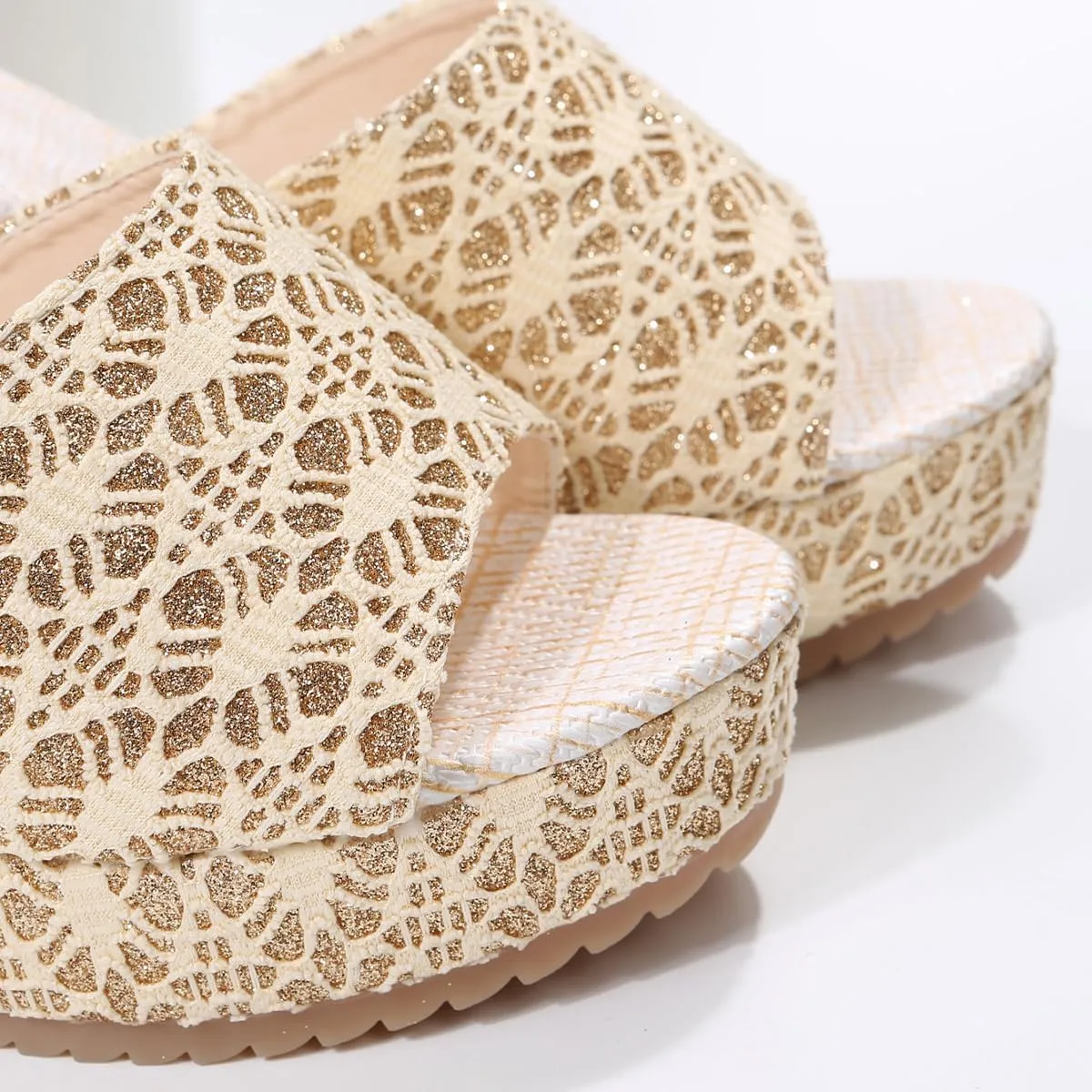 Women's Open-Toe Wedge Sandals – Slip-On Platform Summer Shoes with Gold Lace Fabric, Thick Slope Heel, and Anti-Slip Sole