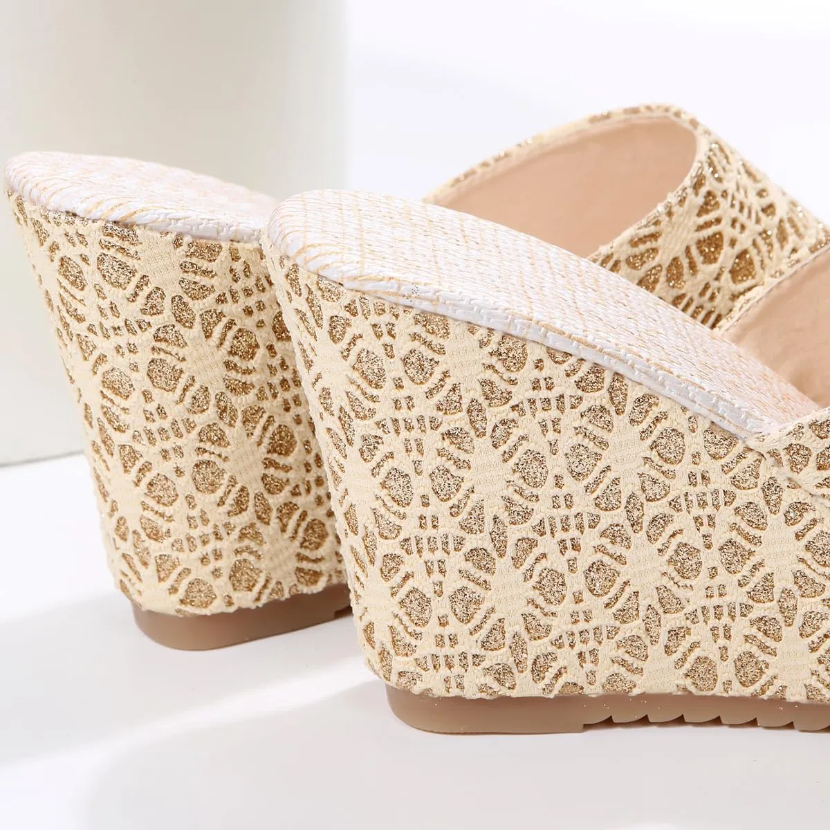 Women's Open-Toe Wedge Sandals – Slip-On Platform Summer Shoes with Gold Lace Fabric, Thick Slope Heel, and Anti-Slip Sole