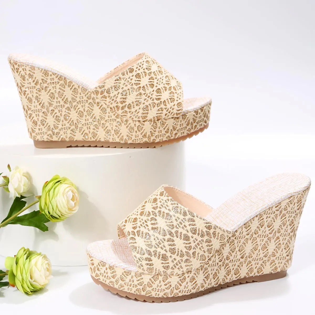 Women's Open-Toe Wedge Sandals – Slip-On Platform Summer Shoes with Gold Lace Fabric, Thick Slope Heel, and Anti-Slip Sole