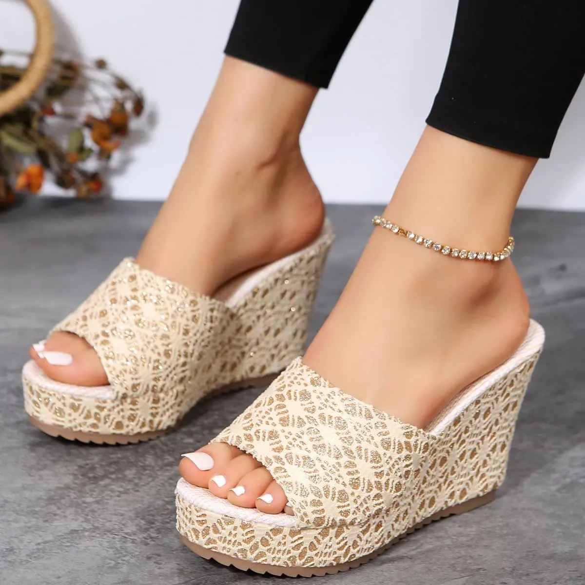 Women's Open-Toe Wedge Sandals – Slip-On Platform Summer Shoes with Gold Lace Fabric, Thick Slope Heel, and Anti-Slip Sole