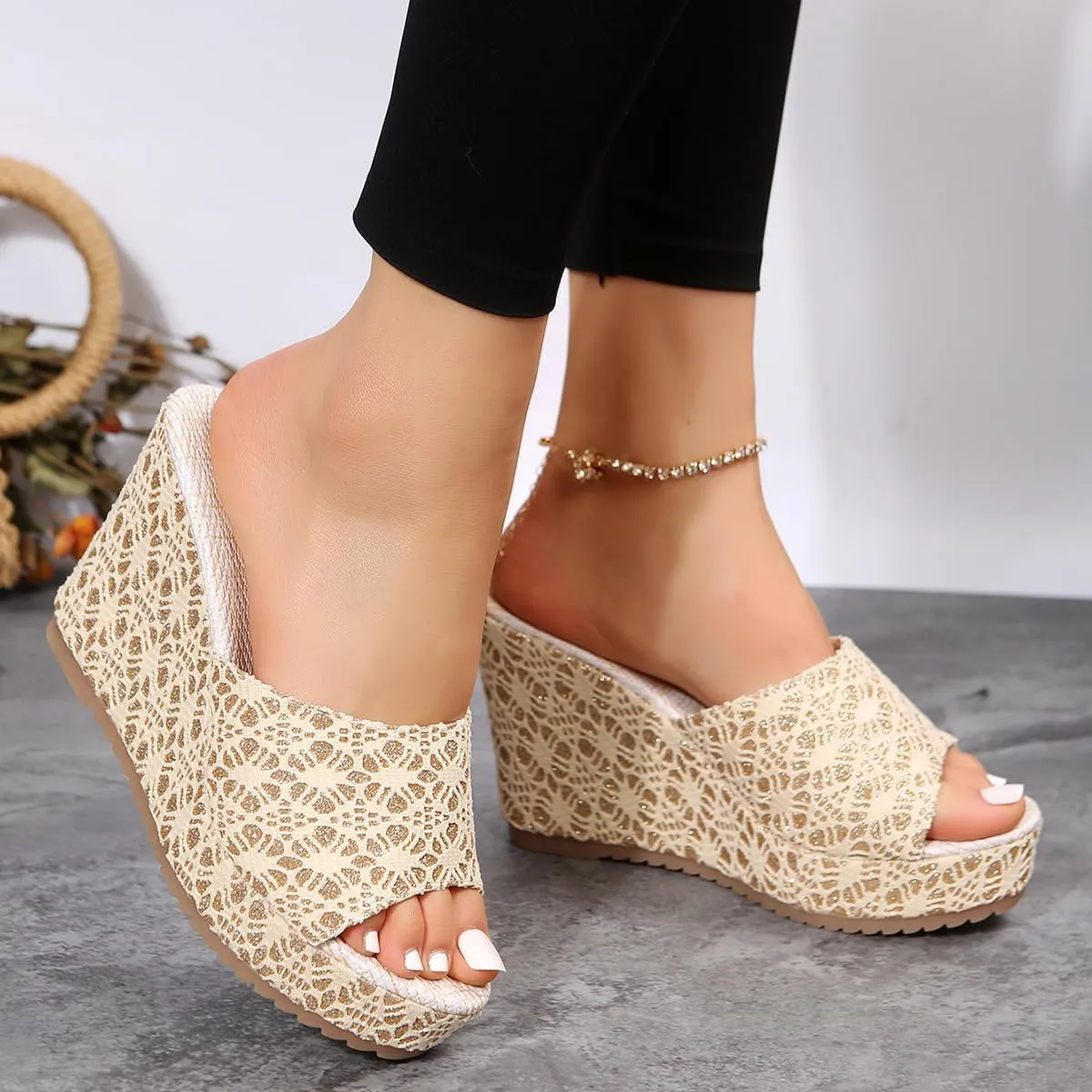 Women's Open-Toe Wedge Sandals – Slip-On Platform Summer Shoes with Gold Lace Fabric, Thick Slope Heel, and Anti-Slip Sole