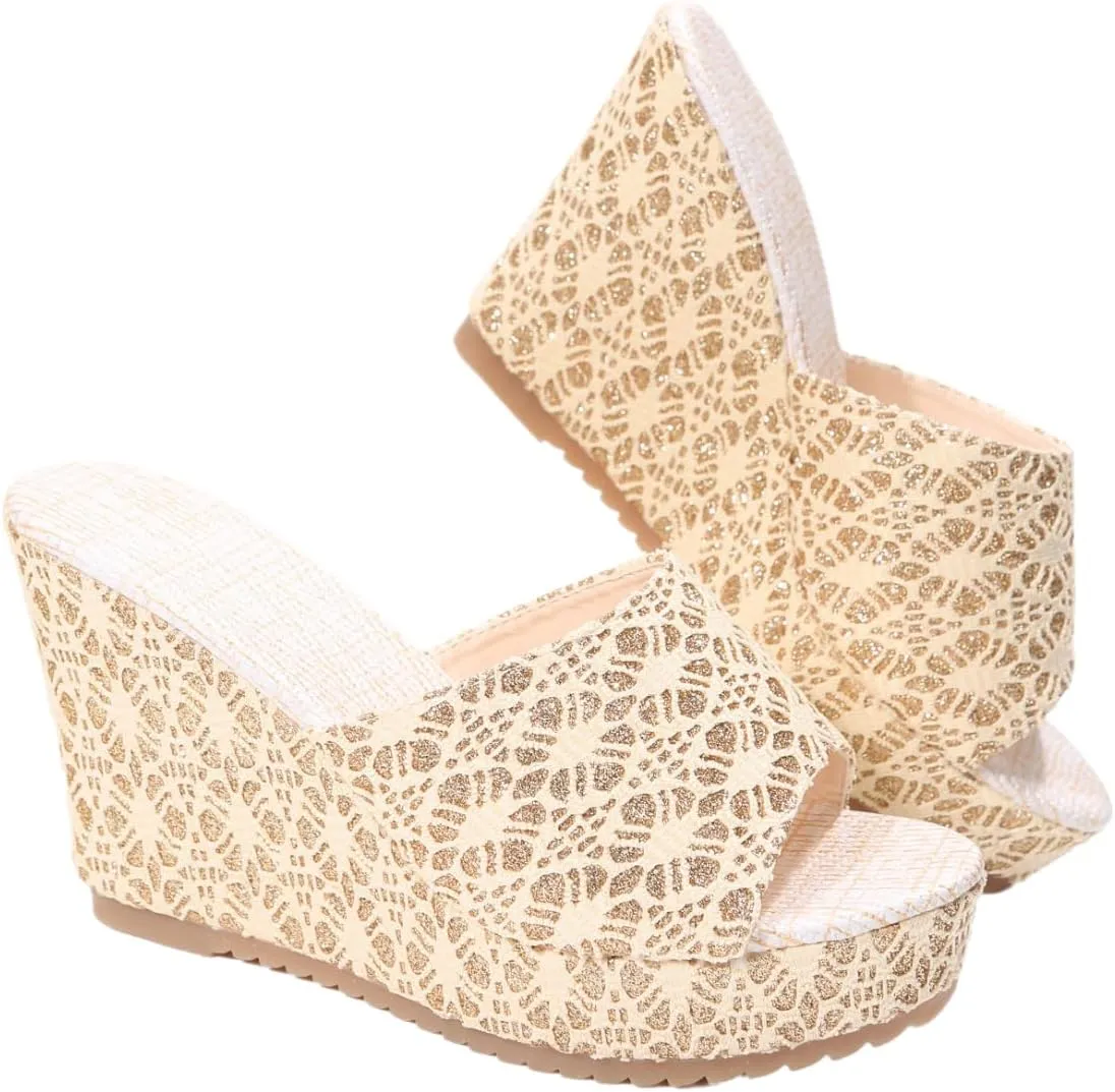 Women's Open-Toe Wedge Sandals – Slip-On Platform Summer Shoes with Gold Lace Fabric, Thick Slope Heel, and Anti-Slip Sole